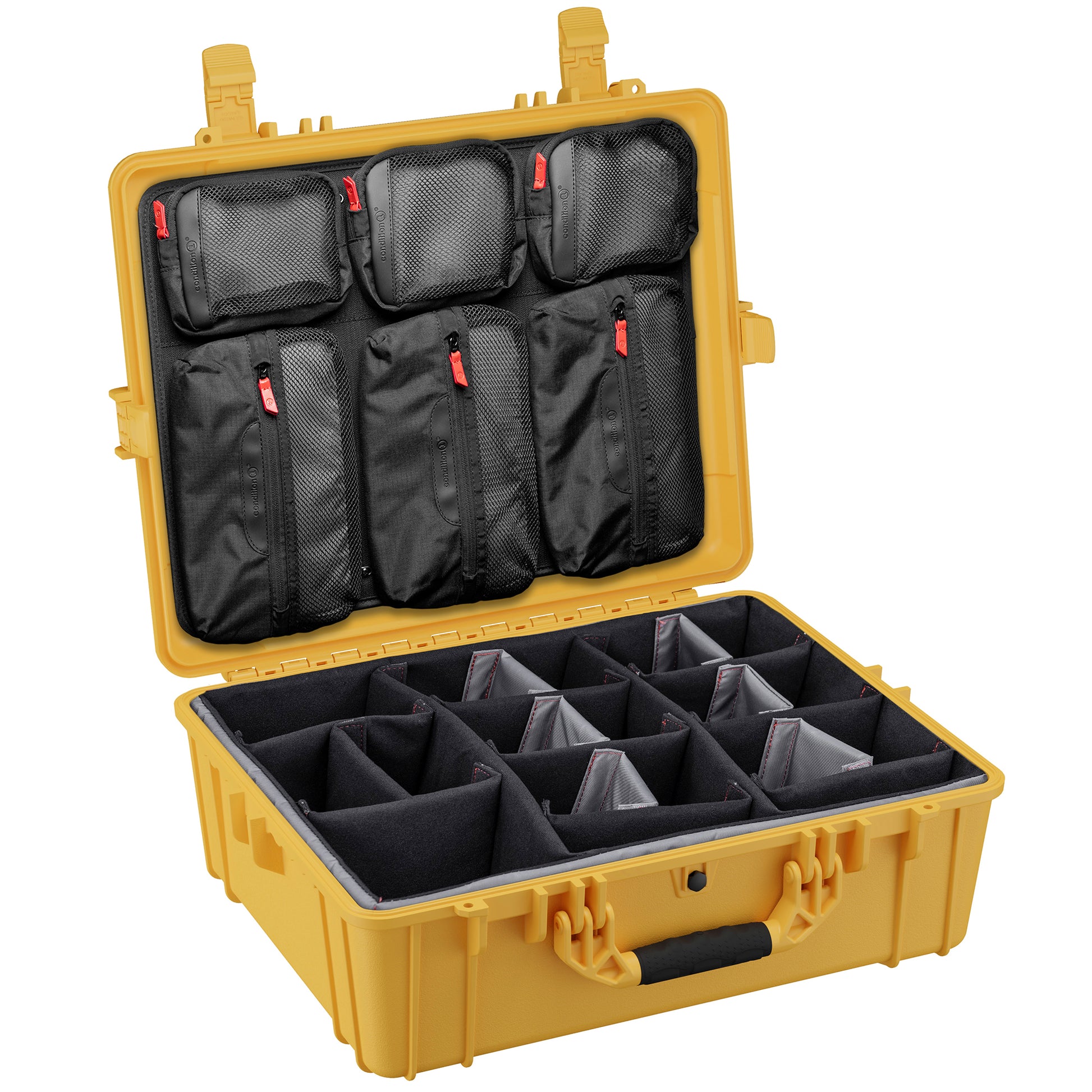 Large 25-inch waterproof hard case with customizable foam inserts and multiple mesh pockets for organized storage.