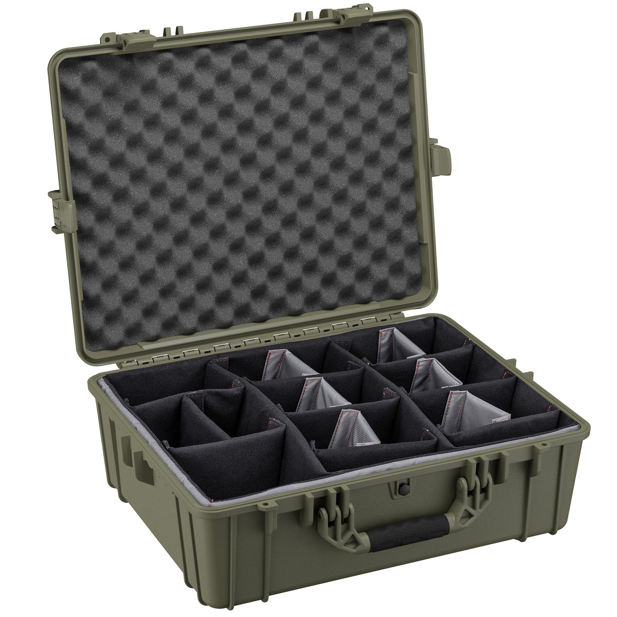 Alt text: "25-inch large protective case in olive green with customizable foam inserts and egg-crate foam lid, shown open and designed to organize and secure delicate equipment."