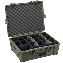 Alt text: "25-inch large protective case in olive green with customizable foam inserts and egg-crate foam lid, shown open and designed to organize and secure delicate equipment."