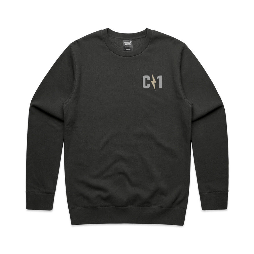 C1 Crew Sweatshirt in black featuring a subtle logo on the chest, designed for comfort and casual style.
