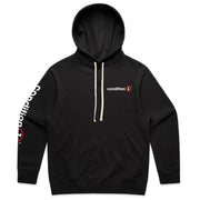 Black hooded pullover hoodie with "condition 1" logo on chest and "condition" text with a red circle on sleeve.