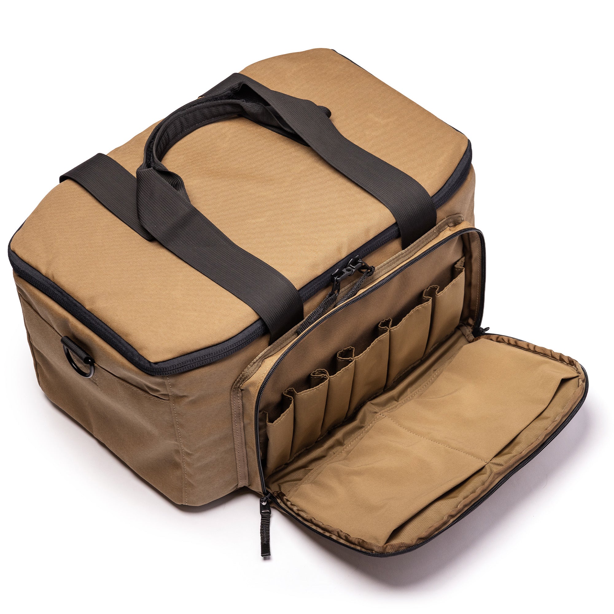 Lone Star Range Bag in tan with multiple compartments and a zippered front pocket for organized storage.