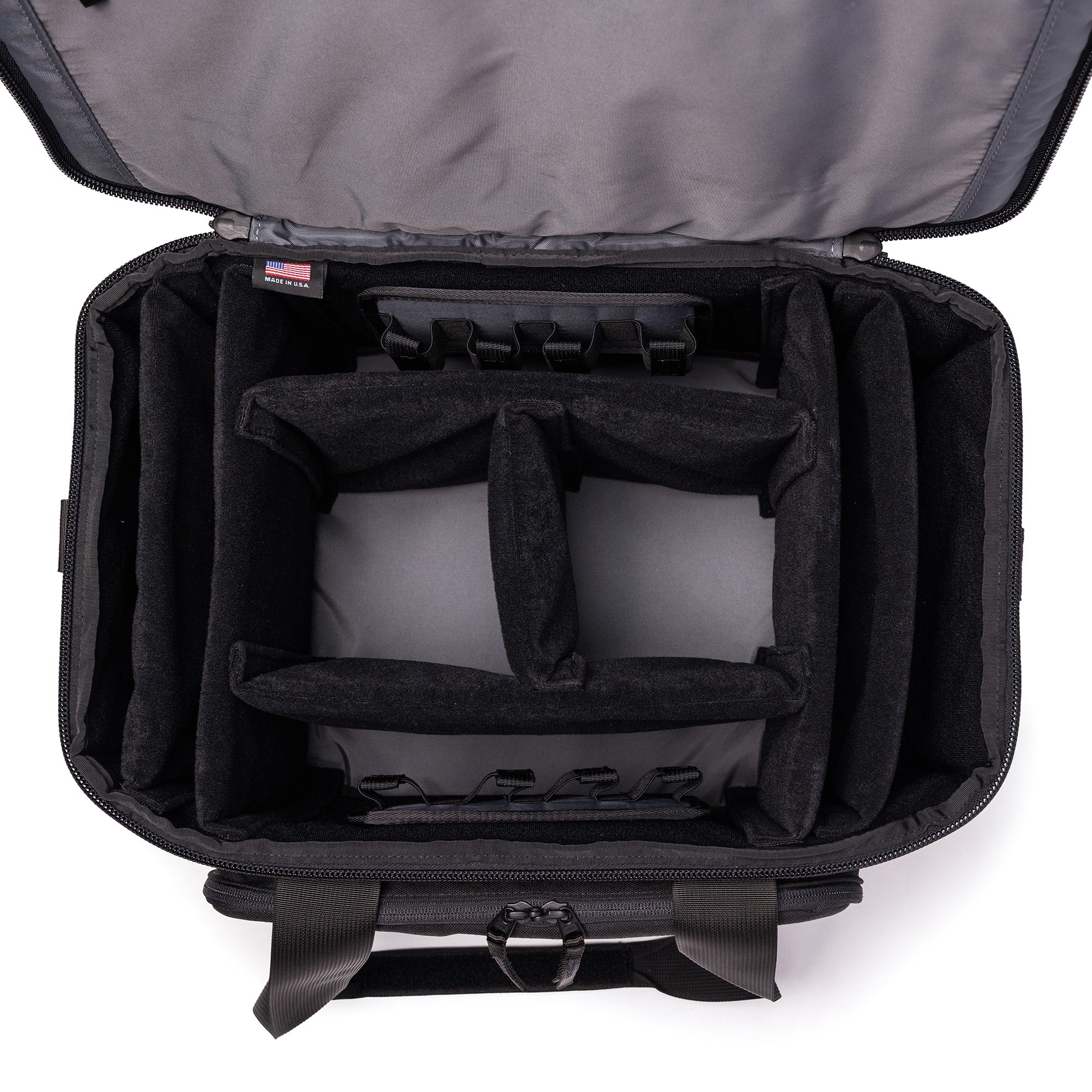 Lone Star Range Bag with an open top, featuring padded dividers for organized storage of firearms and accessories.
