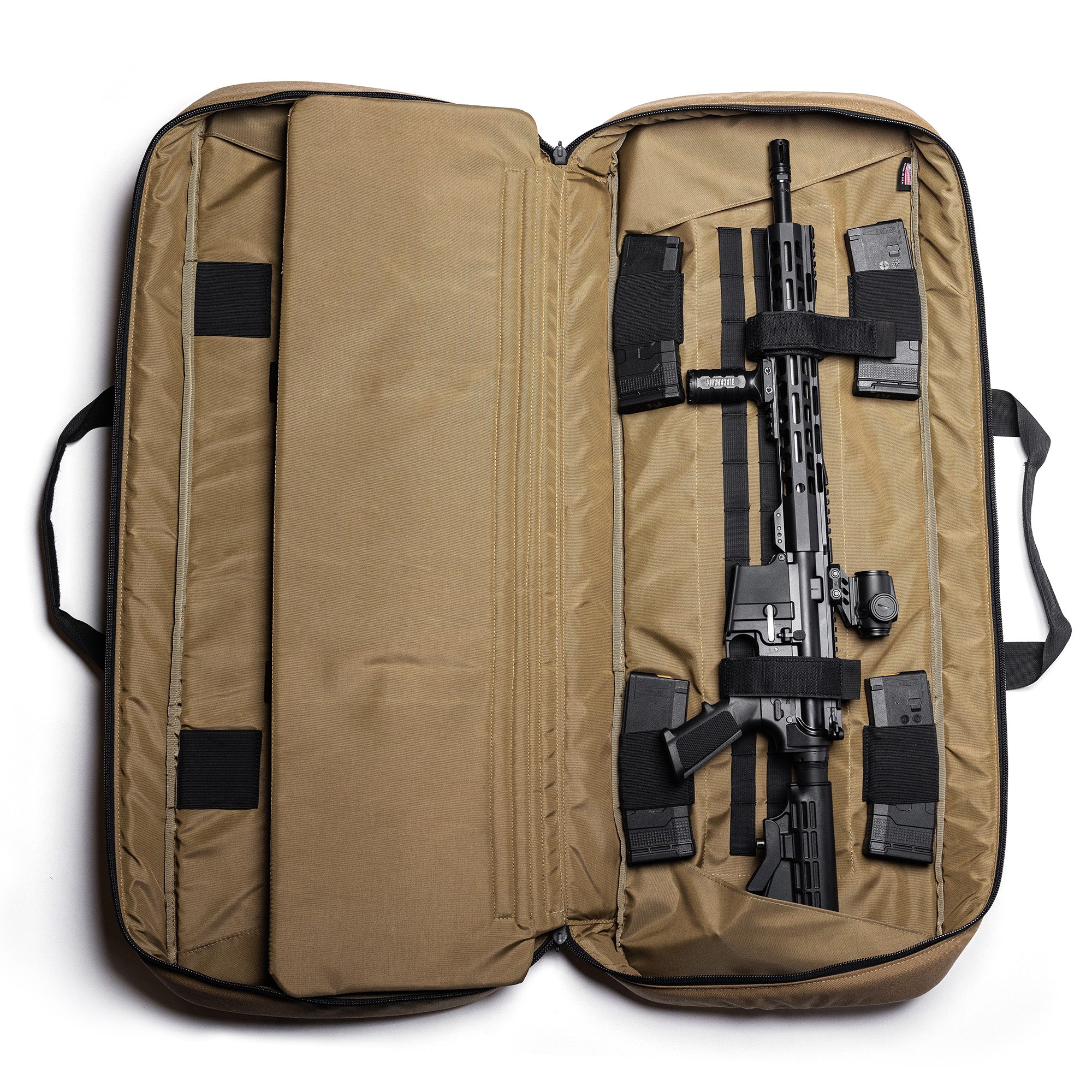 Open tan Lone Star 36" rifle bag with a firearm, magazines, and accessories secured inside, designed for gun storage and transport.
