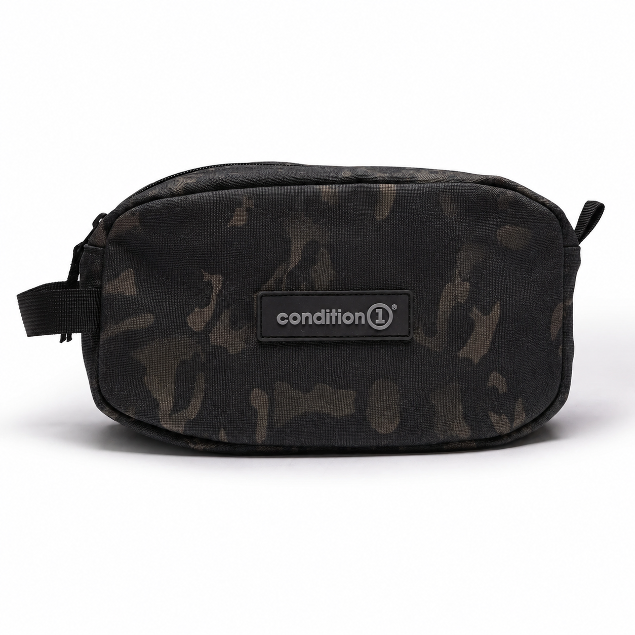 Front view of black camo Lone Star XL Ammo Bag with condition 1 logo patch and zipper closure