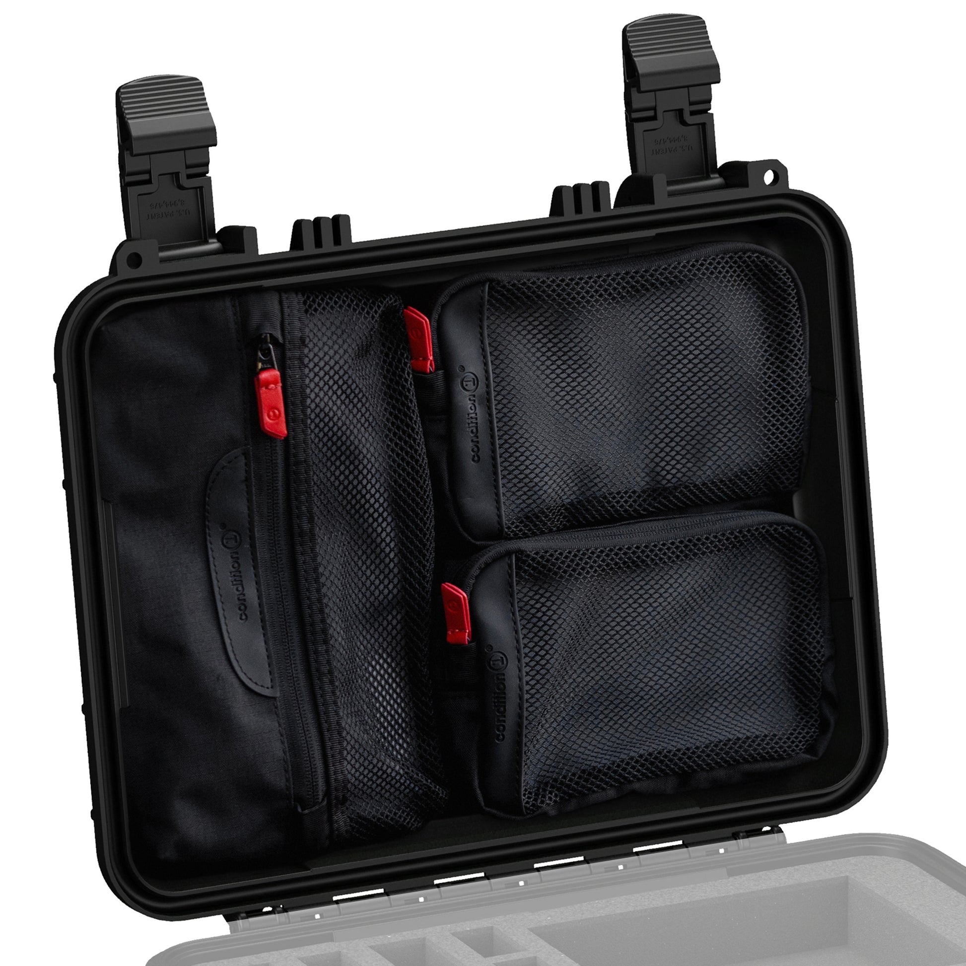 Black lid organizer with multiple mesh compartments and red zipper pulls, designed for case #179 for efficient storage.