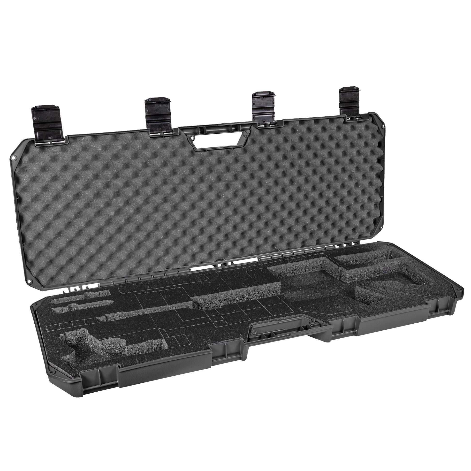Open black 42" economy AR case with foam padding and compartments for firearm storage, designed for secure transport.