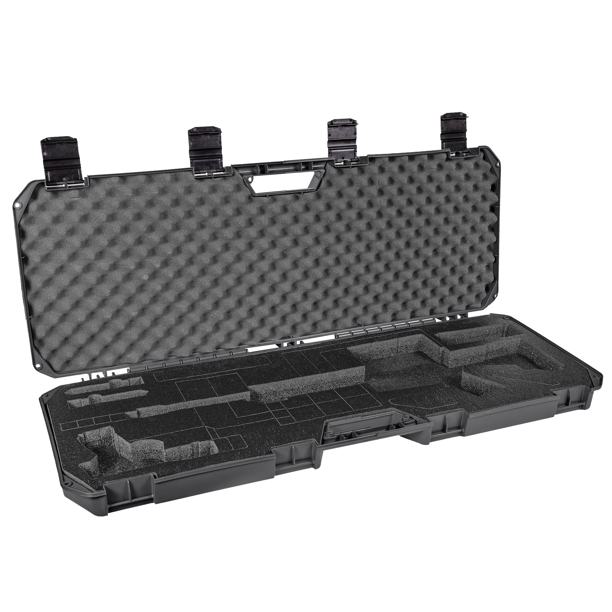 Open black 42" economy AR case with foam padding and compartments for firearm storage, designed for secure transport.