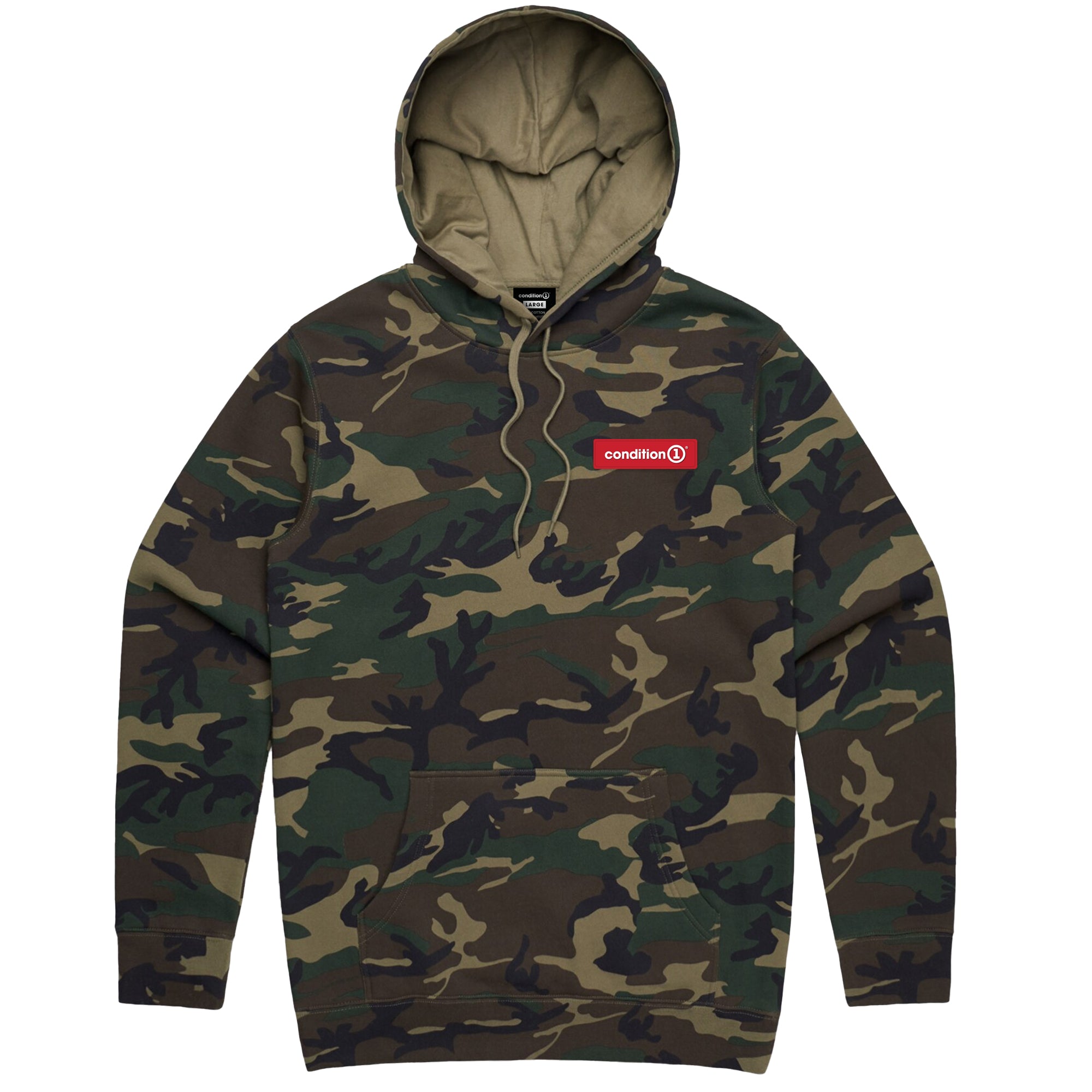 Camouflage hoodie with concealed hood, front pocket, and red "condition" logo patch on chest.