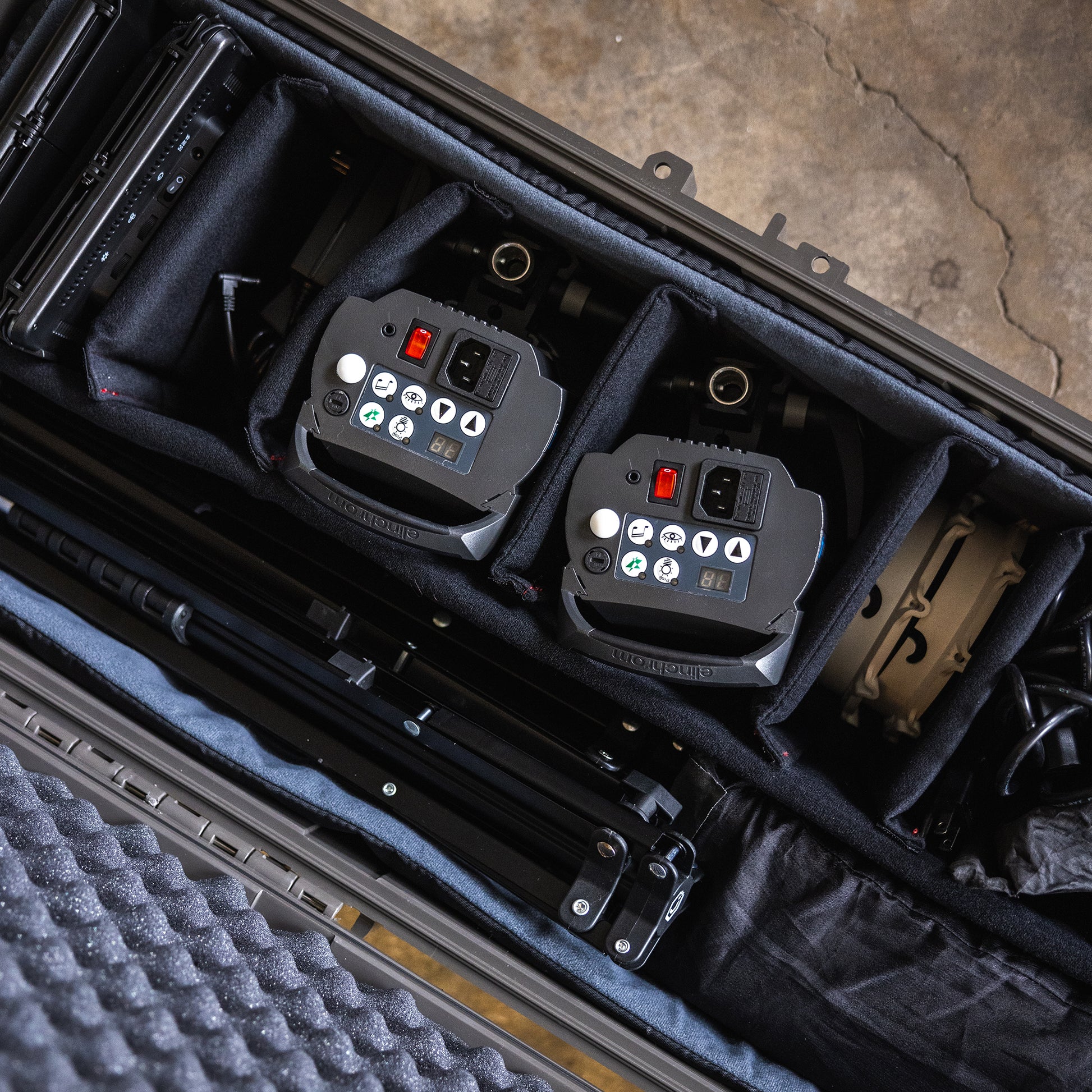 Padded divider set for #2191 case, organizing two remote controls and equipment inside a protective carrying case.
