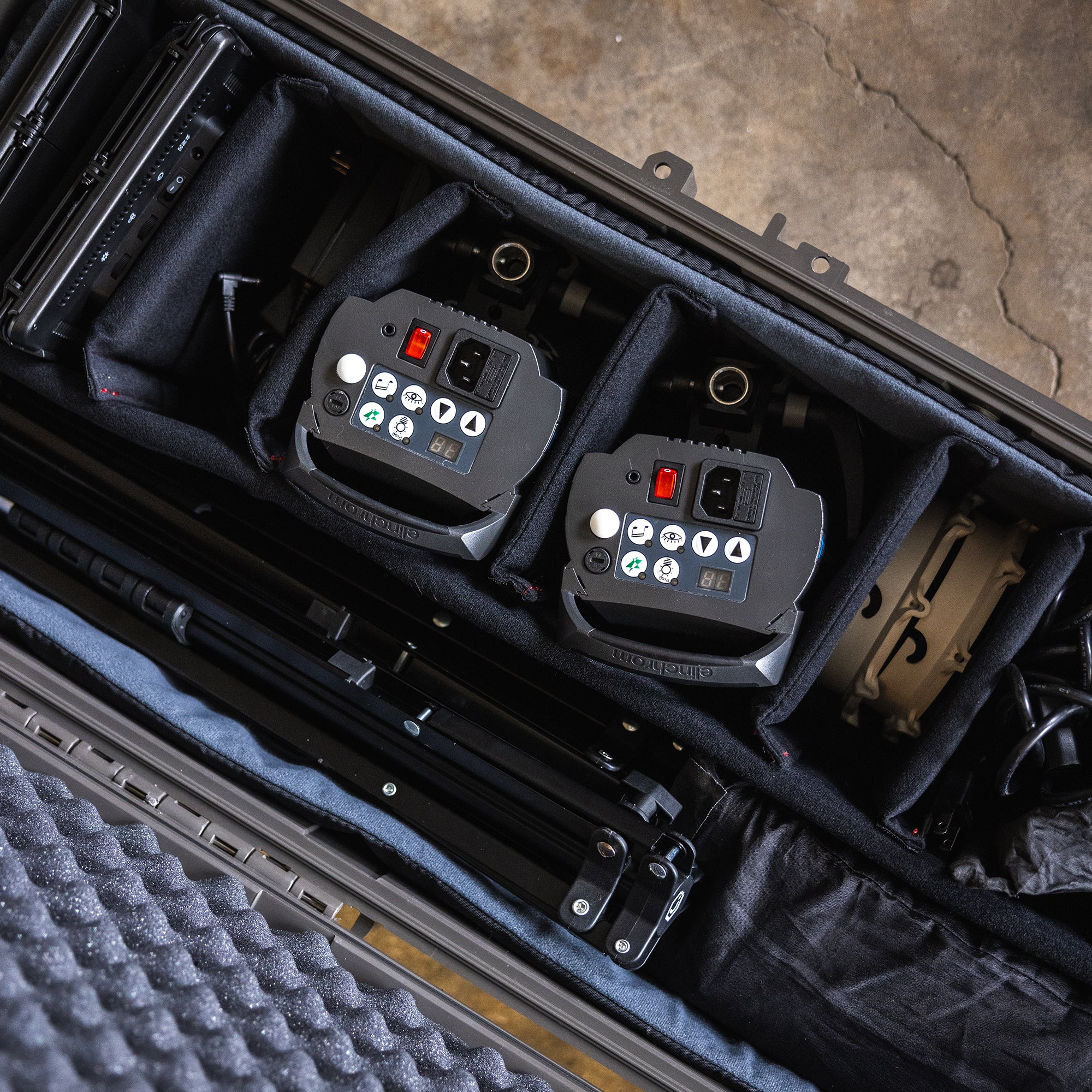Padded divider set for #2191 case, organizing two remote controls and equipment inside a protective carrying case.