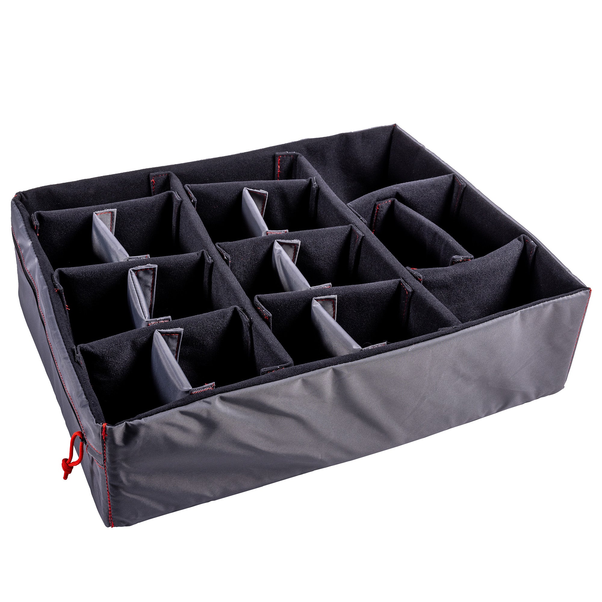 Padded divider set with adjustable compartments for organizing items in the #839 case, featuring black fabric and red stitching.