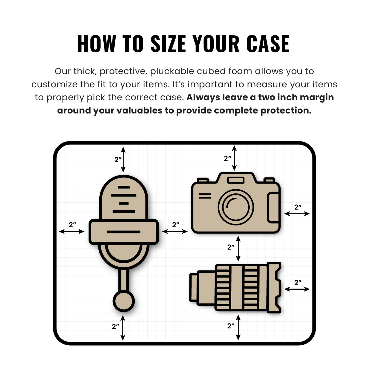 Educational graphic illustrating how to size protective cases, featuring outlines of a microphone, camera, and lens with 2-inch margin guidelines for custom fit using pluckable cubed foam. Text states to always leave a two-inch margin around items
