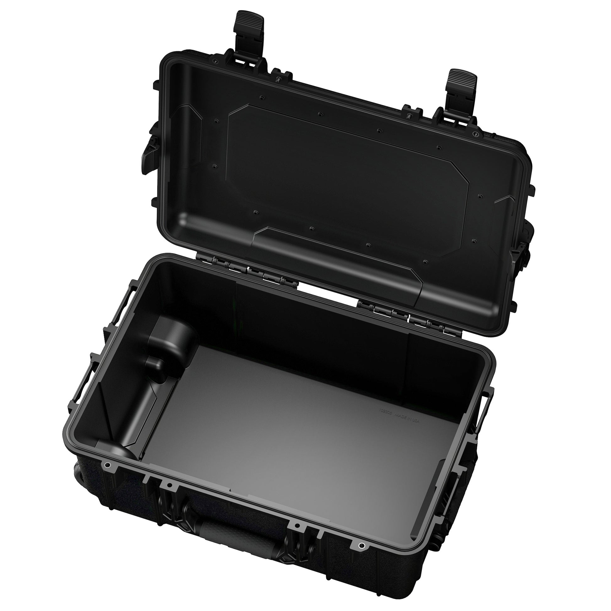 Alt text: Open large black protective hard case with sturdy latches and a foam-lined base, model number 305, showcasing its spacious and customizable interior. Ideal for safely transporting sensitive equipment.