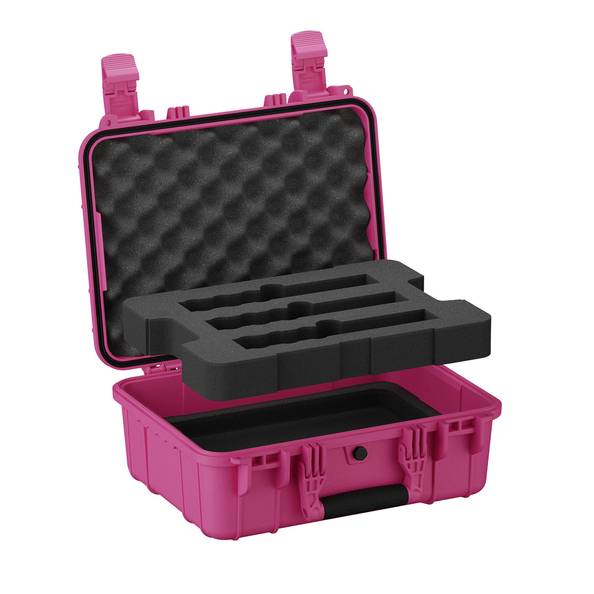 Open Pink hard case with foam insert propped up, empty base and plain foam lid visible