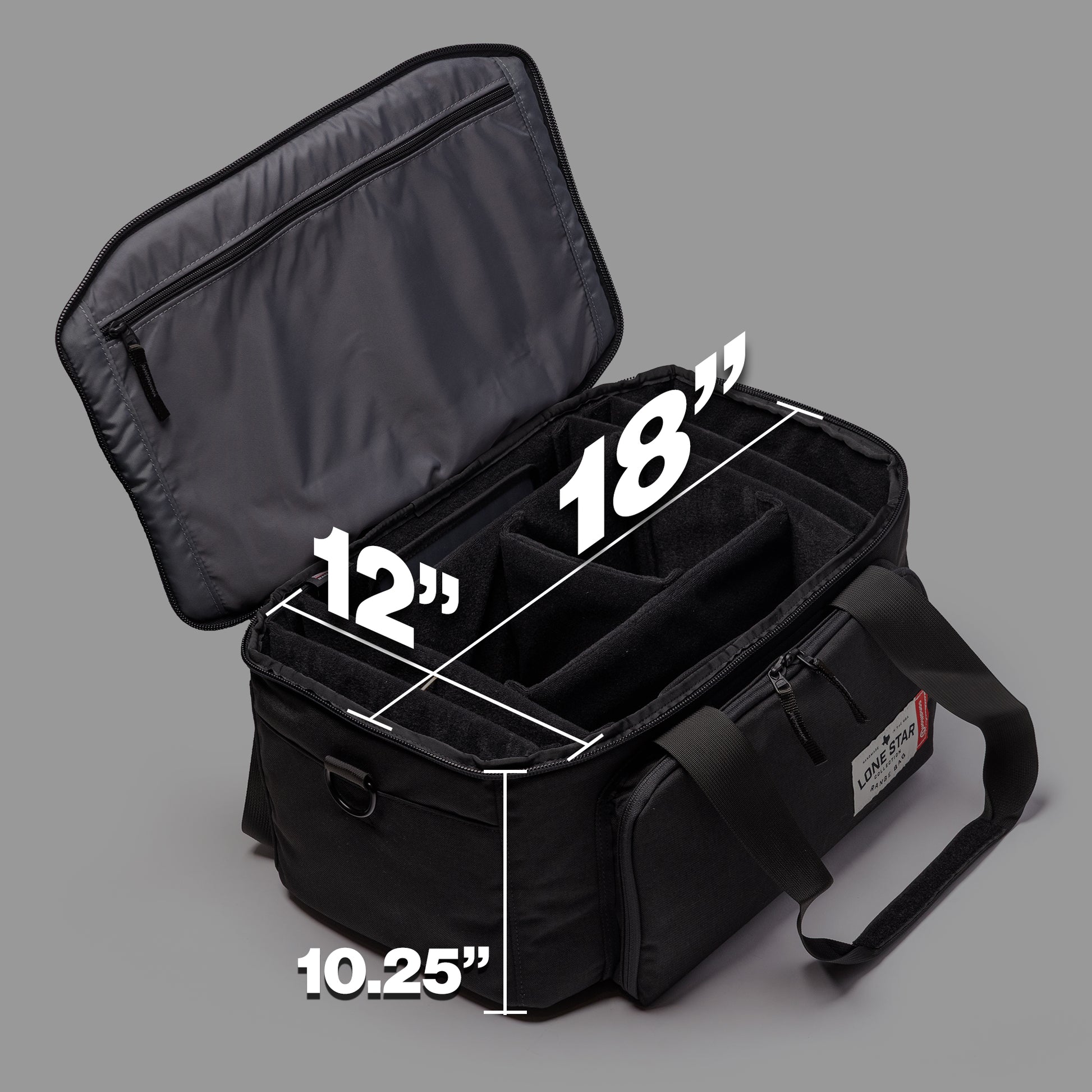 Lone Star Range Bag with an open top, featuring adjustable dividers and dimensions of 12 by 18 by 10.25 inches.