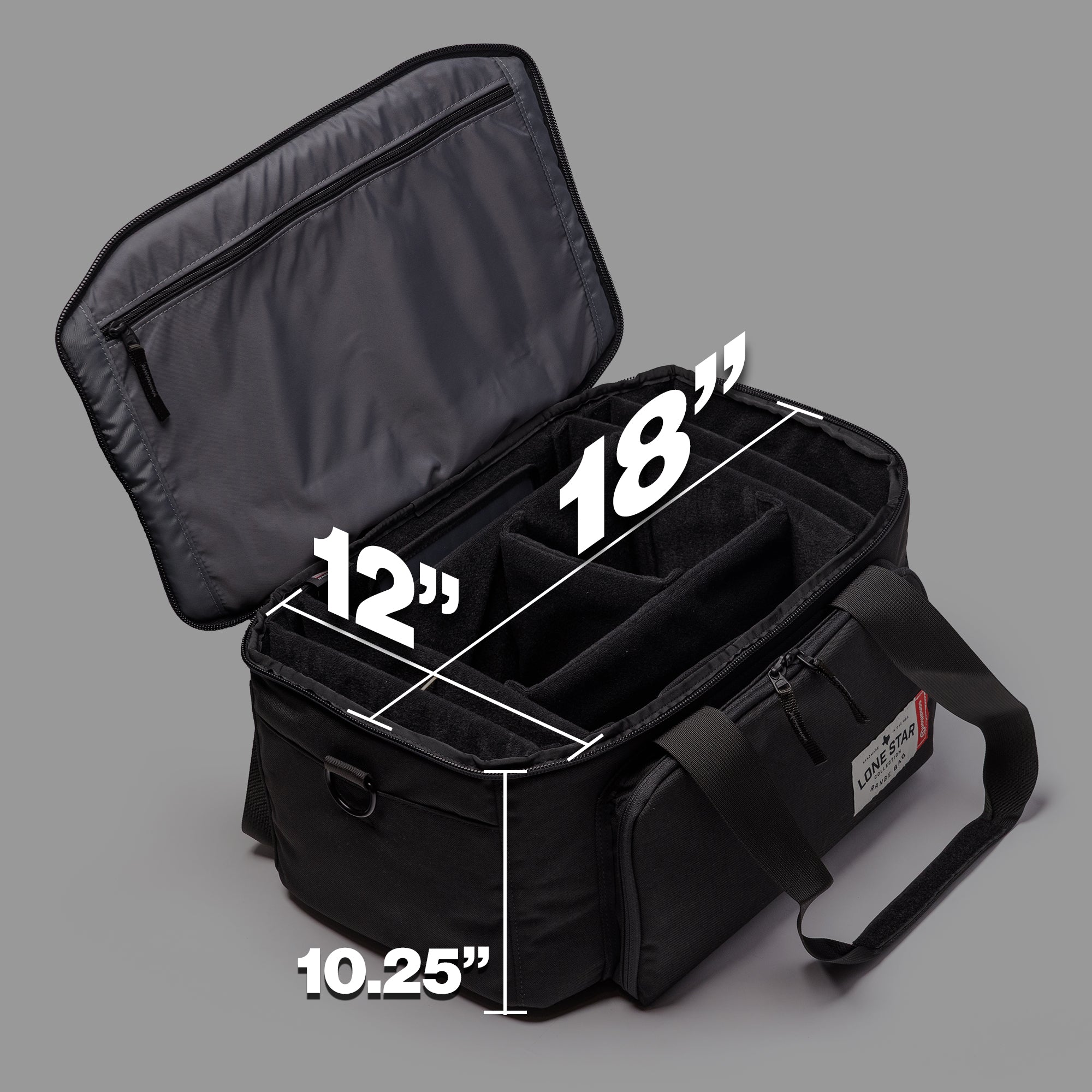 Lone Star Range Bag with an open top, featuring adjustable dividers and dimensions of 12 by 18 by 10.25 inches.