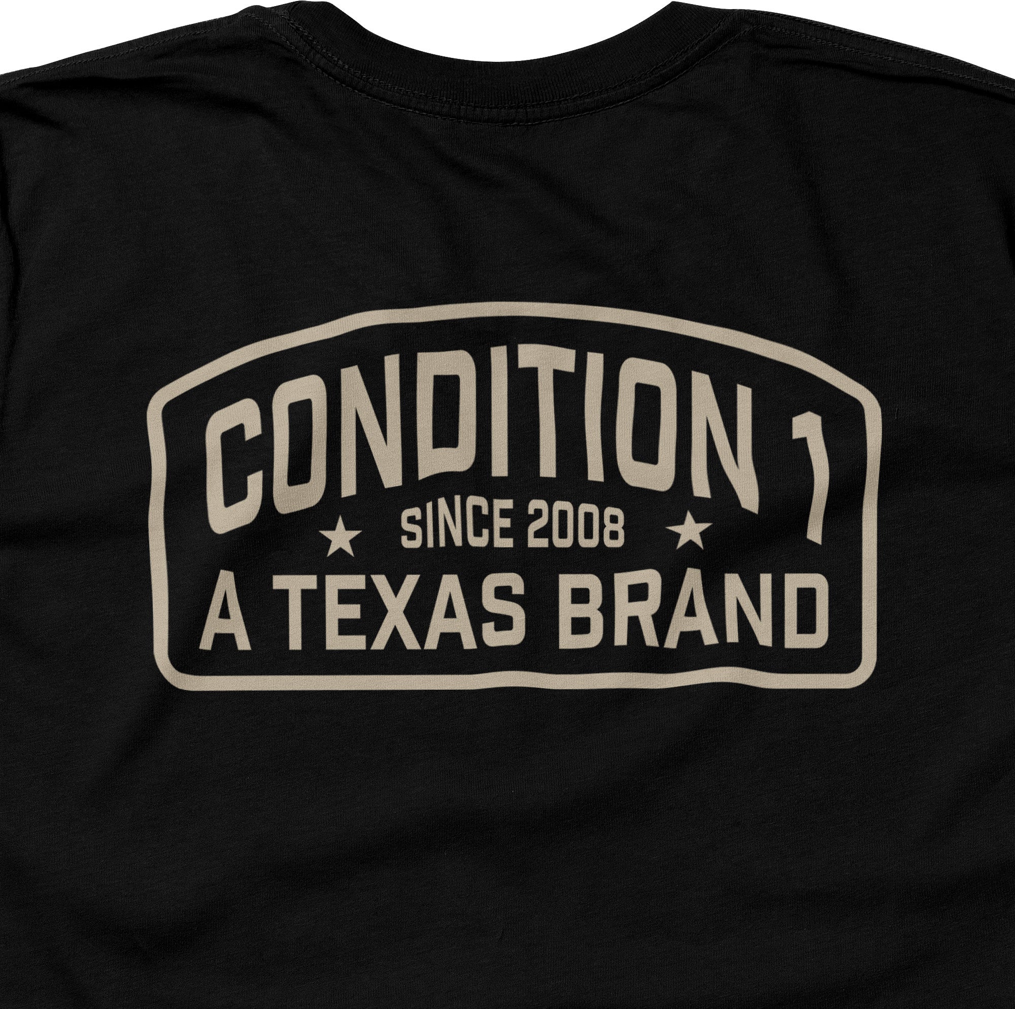 Black t-shirt featuring a bold graphic that reads "Condition 1 Since 2008 A Texas Brand" on the back.