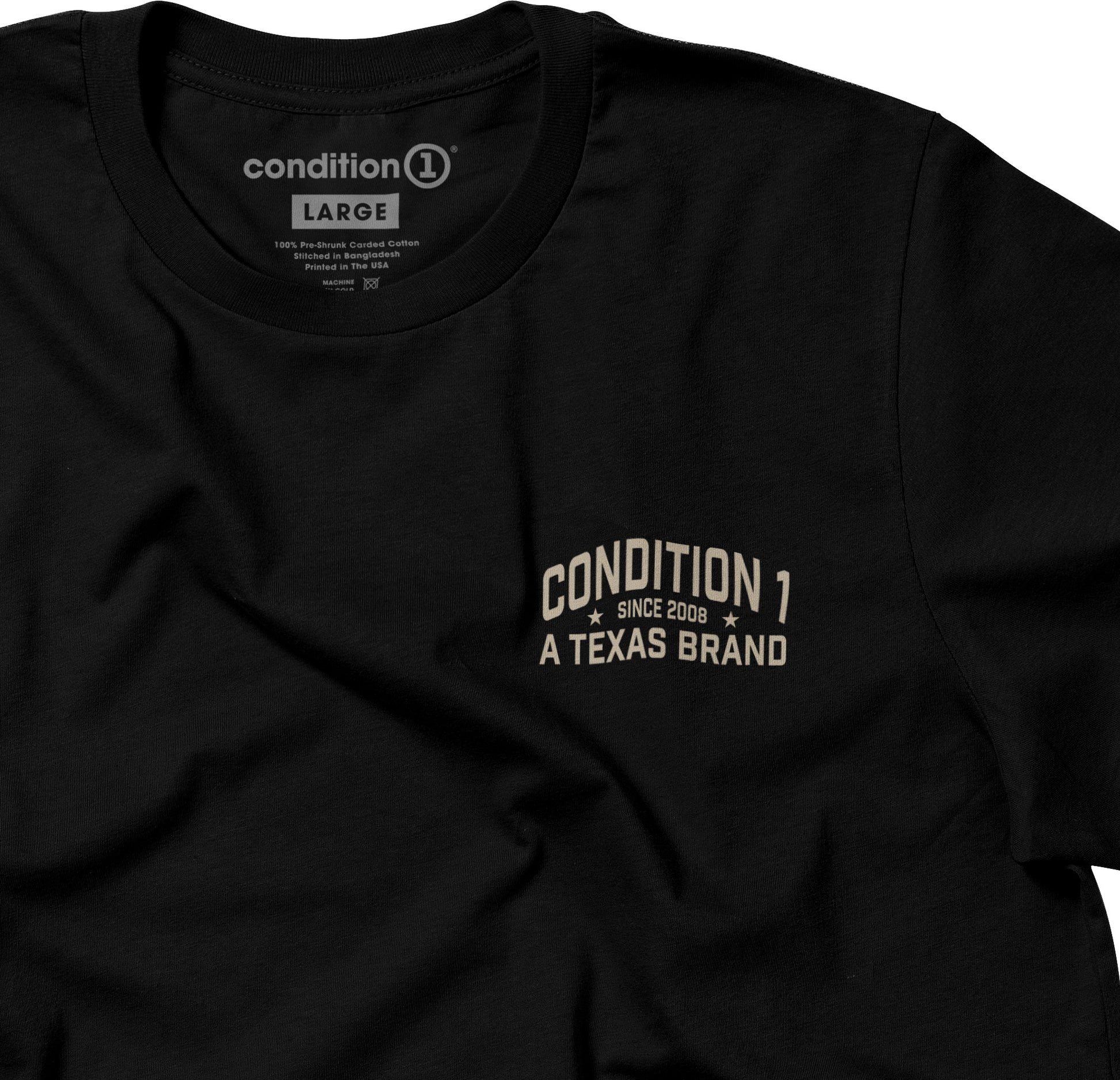 Black Texas Brand tee featuring "Condition 1 Since 2008" printed in a vintage style on the left chest area.