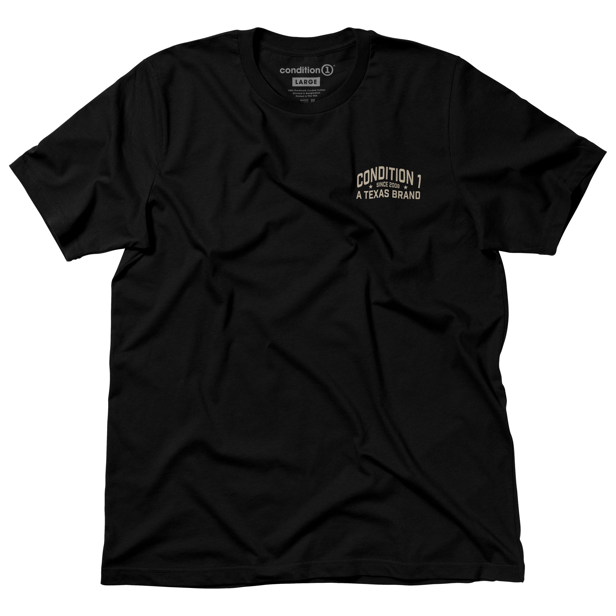 Black t-shirt featuring "Condition 1 A Texas Brand" logo on the left chest, ideal for casual wear.
