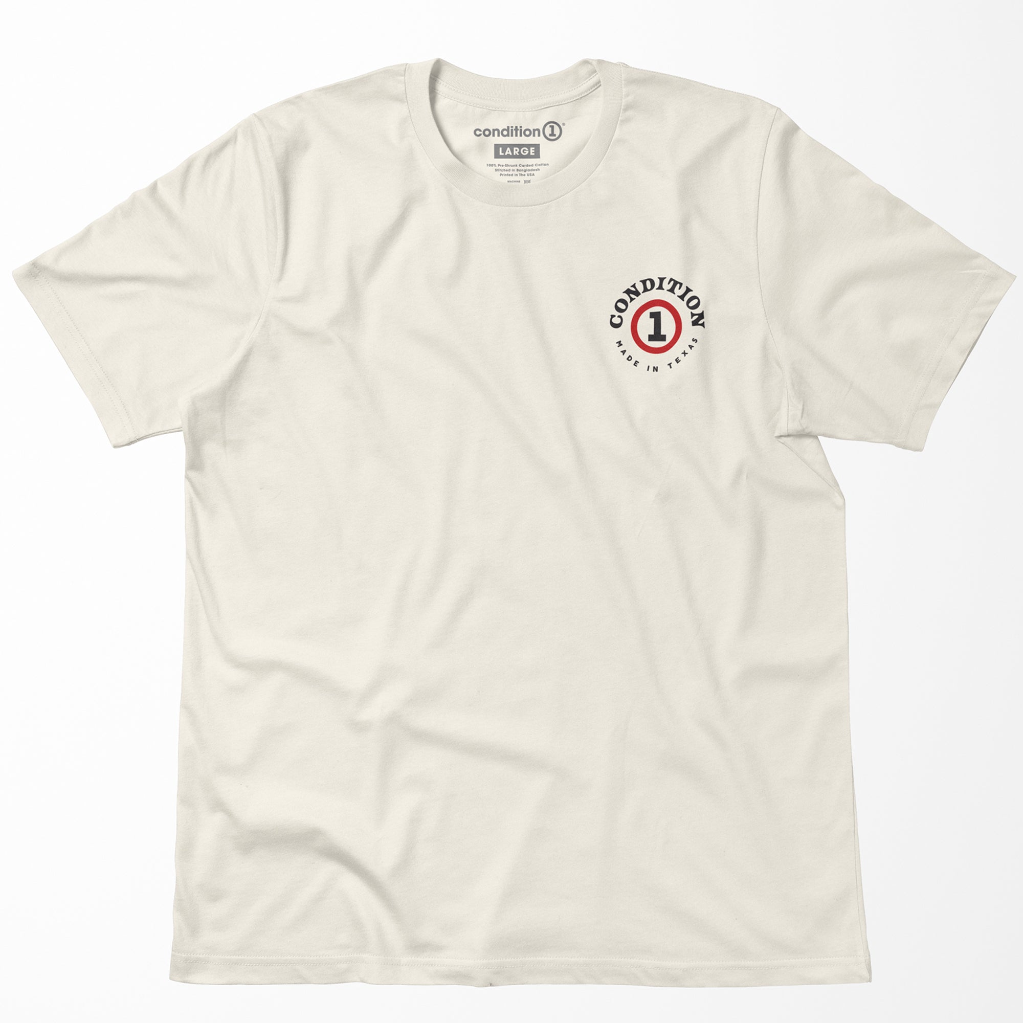 Cream-colored "Like A Tank" T-shirt with a circular logo on the chest that reads "Condition Made in Texas" and features a bold number 1.