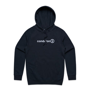 Navy blue hoodie featuring the Condition 1 logo prominently displayed on the front, designed for comfort and style.