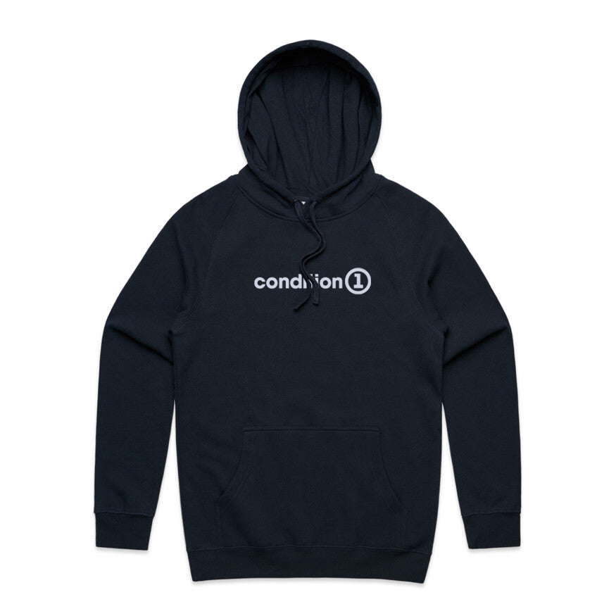 Navy blue hoodie featuring the Condition 1 logo prominently displayed on the front, designed for comfort and style.