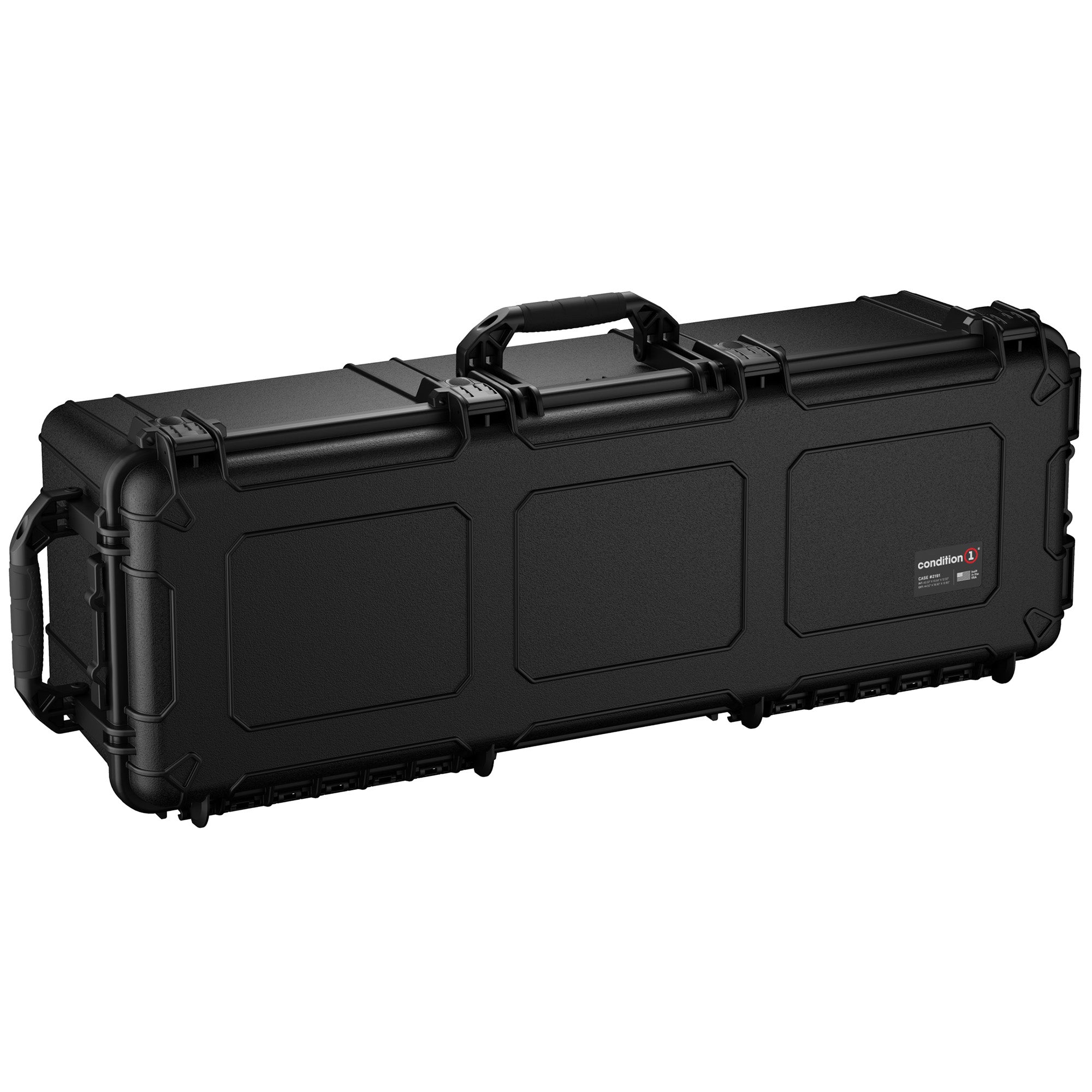 Black 45-inch long protective hard case with handle, latches, and rugged design for secure storage and transport.