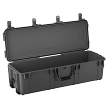 Black 45-inch long storage trunk with wheels, open lid, and multiple compartments for organization.