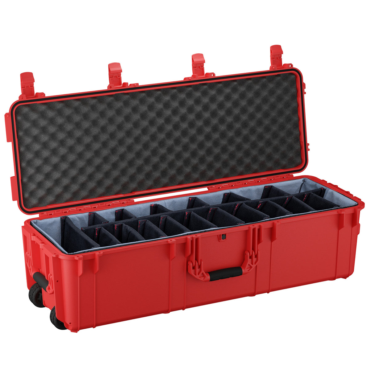 Red 45-inch long storage trunk with multiple adjustable compartments and foam-padded interior for organization.