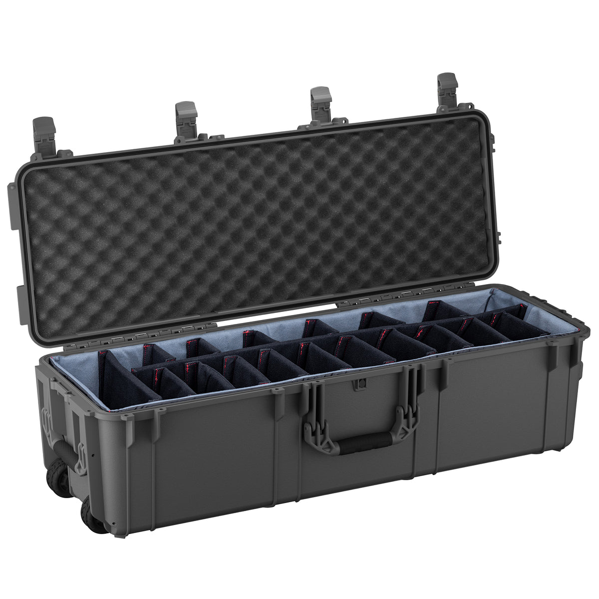 45-inch black protective equipment storage trunk with foam-padded interior and adjustable compartments.