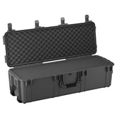 Open 45-inch long black protective storage trunk with foam padding and foam-lined lid, on wheels for easy transport.