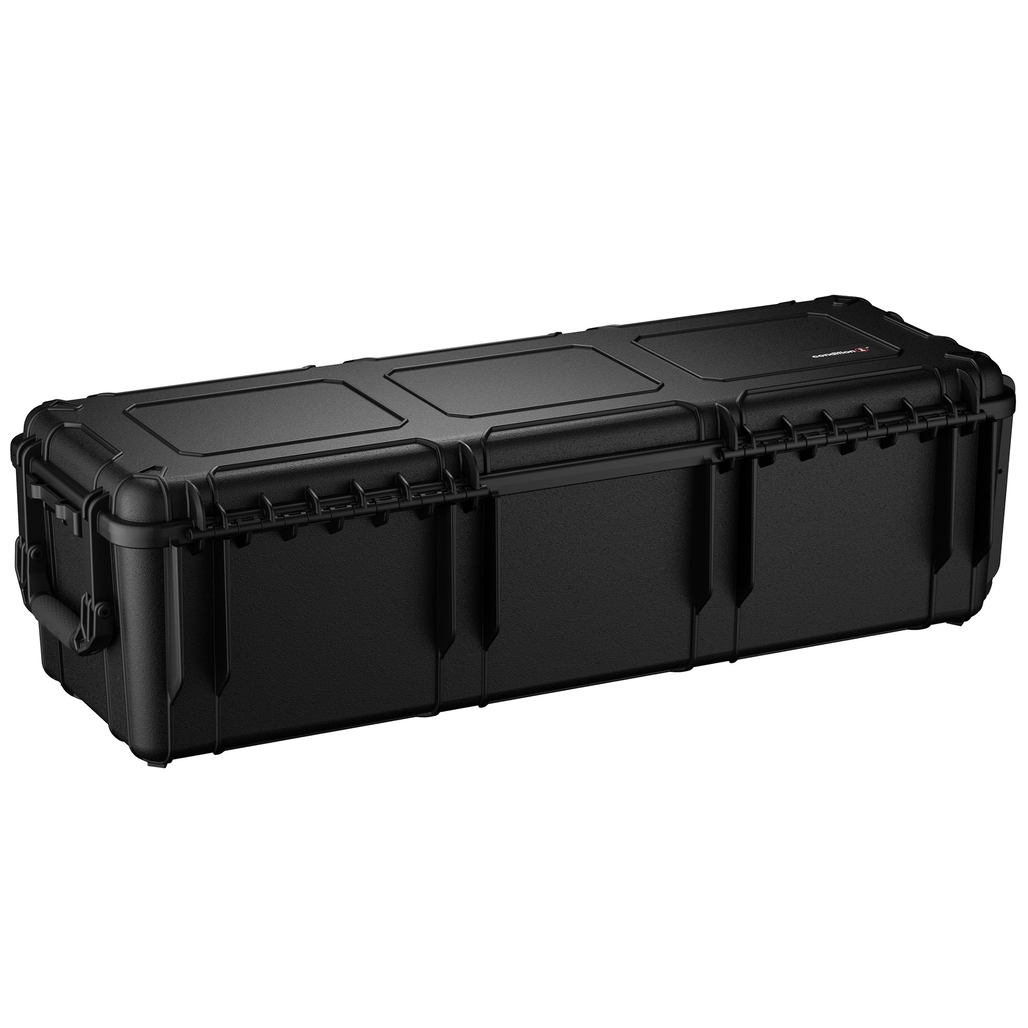 Black 45-inch 4 rifle trunk case with durable hard shell, secure latches, and reinforced edges for firearm storage and transport.