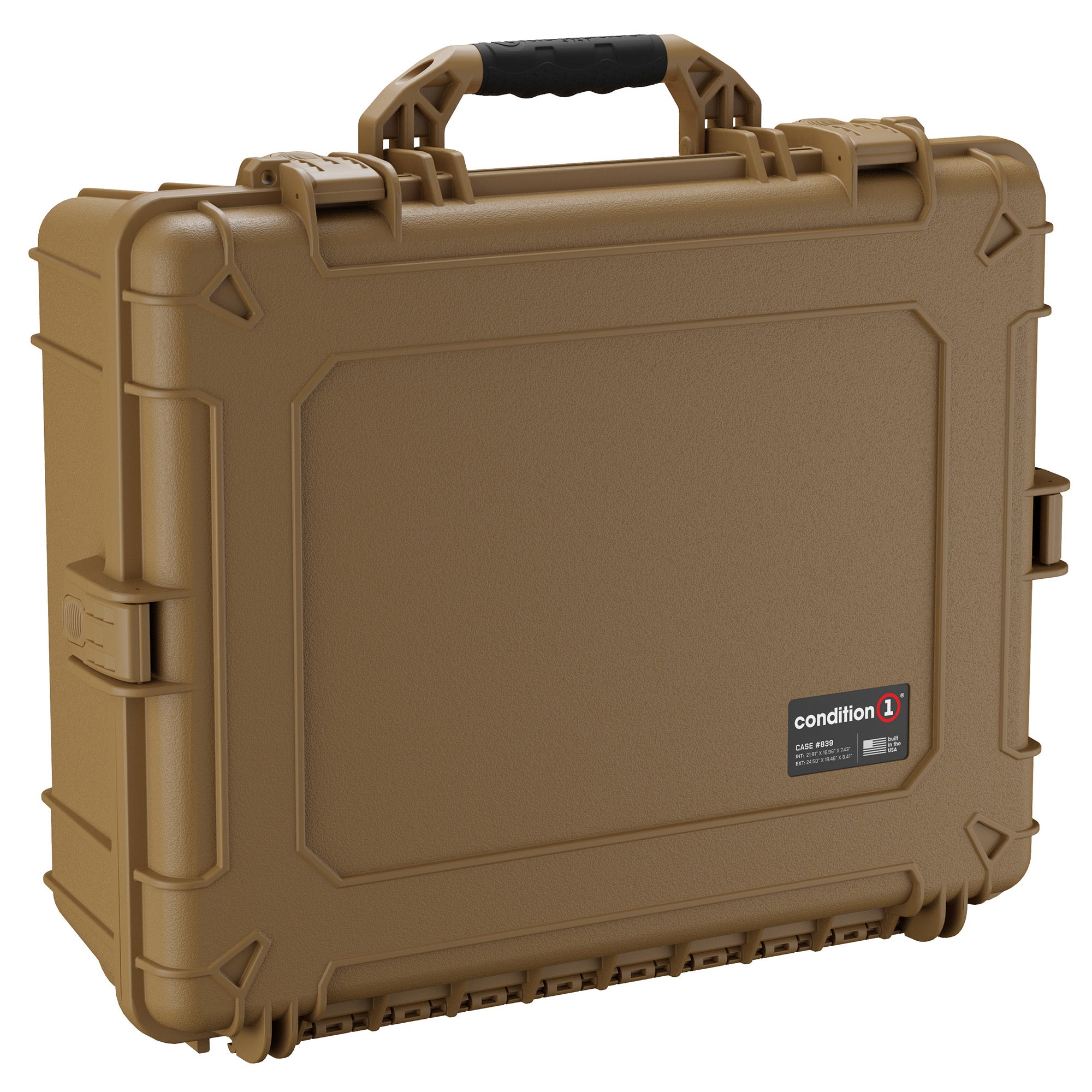 Alt text: "Durable tan-colored 25-inch large hard case with rugged exterior and reinforced corners, featuring a black handle and secure latches, labeled as 'Condition 1 Case #839'."