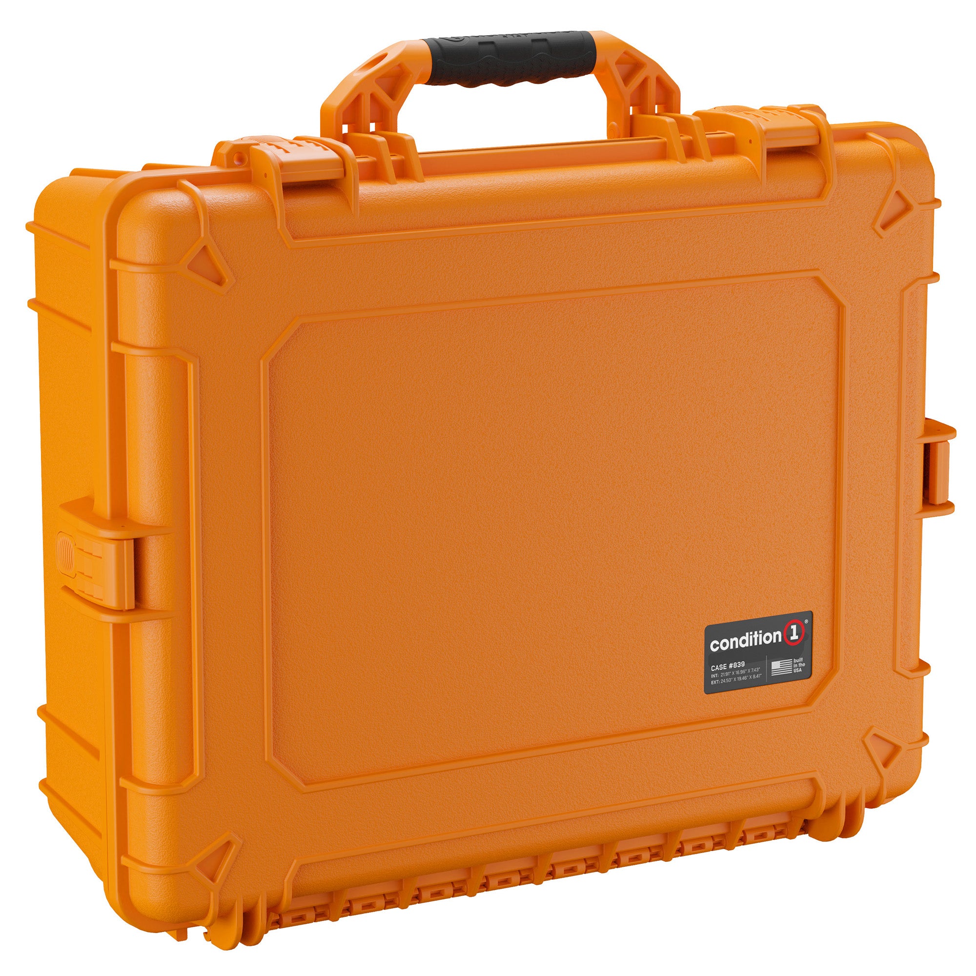Alt text: "Orange 25-inch large protective hard case, model #839, by Condition 1, featuring rugged exterior with sturdy handle and dual locking clasps."