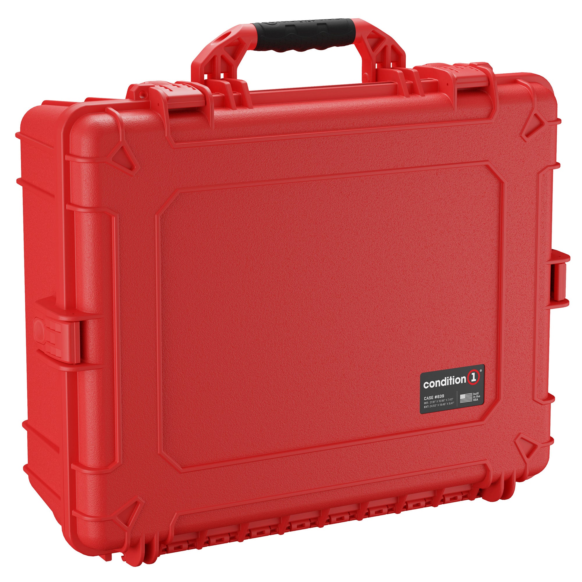 "Red hard shell protective case with sturdy black handle and secure latches, labeled as Condition 1 Case #839, ideal for storing and transporting delicate equipment."