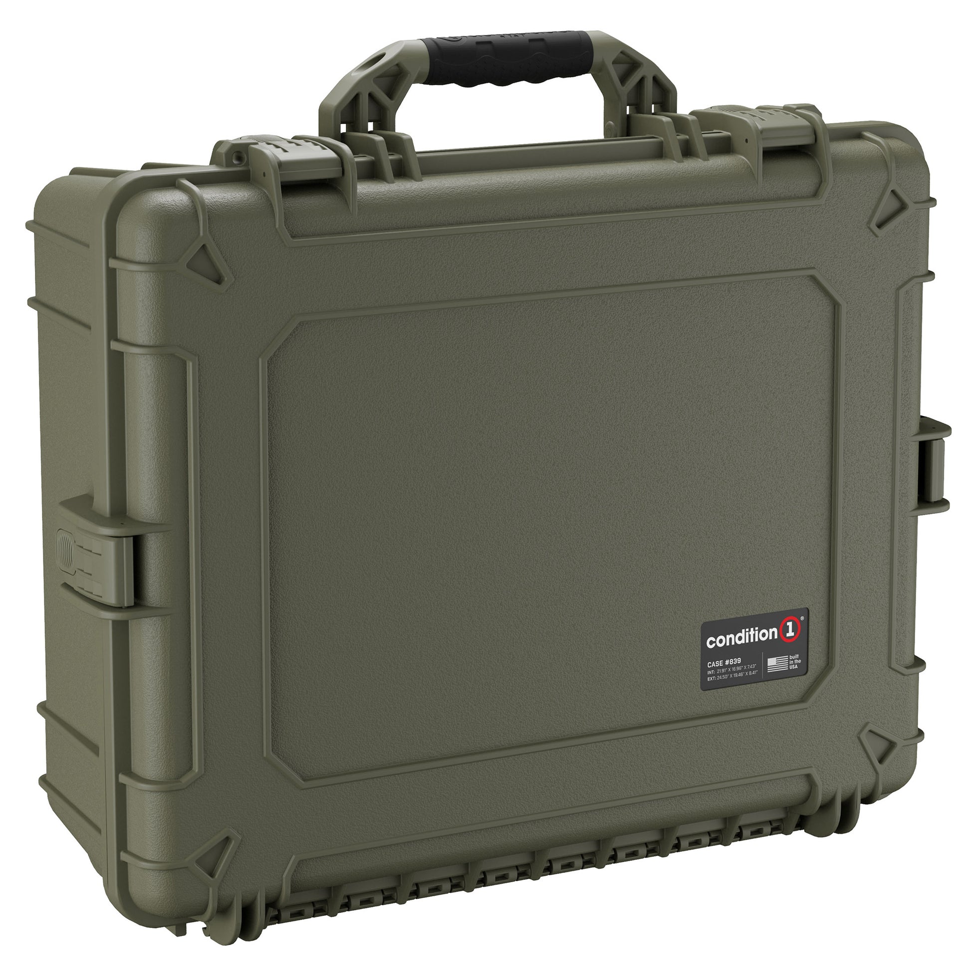 Alt text: "Olive green 25-inch large hard shell protective case, model #839, featuring rugged exterior, reinforced corners, and a black handle, ideal for secure storage and transportation."