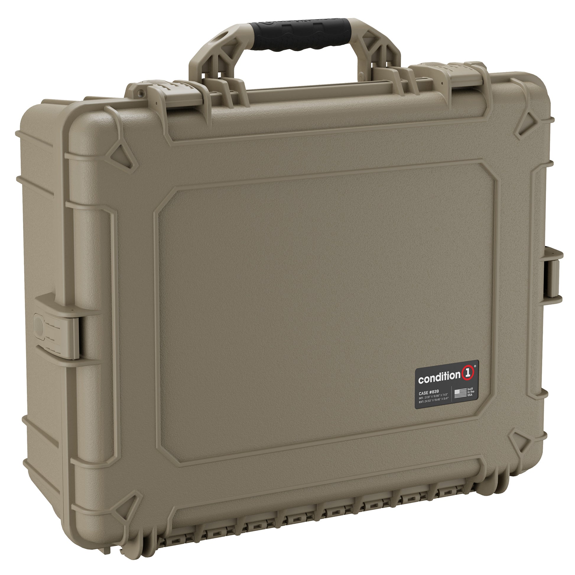 Alt text: "Olive green Condition 1 hard protective case, model #839, measuring 25 inches, featuring a durable handle, secure latches, and reinforced corners for extra protection."