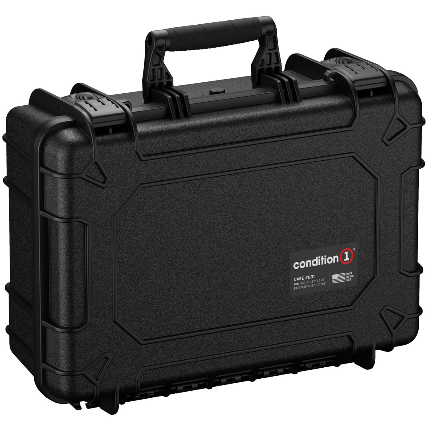 Alt text: "Black Condition 1 medium hard case, model number 801, measuring 18 inches, featuring a rugged exterior with dual locking latches and a sturdy carrying handle, ideal for secure equipment storage and transport."