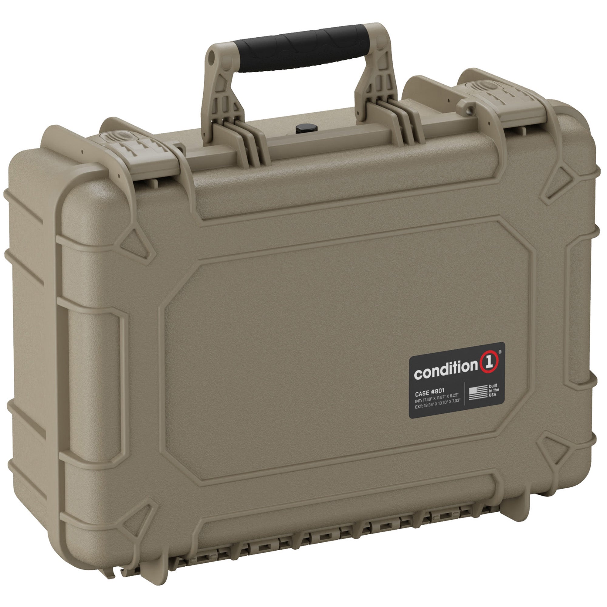 Alt text: "18-inch medium-sized rugged case, model #801 by Condition 1, in desert tan color with durable handle, reinforced corners, and dual latch closures for secure storage."