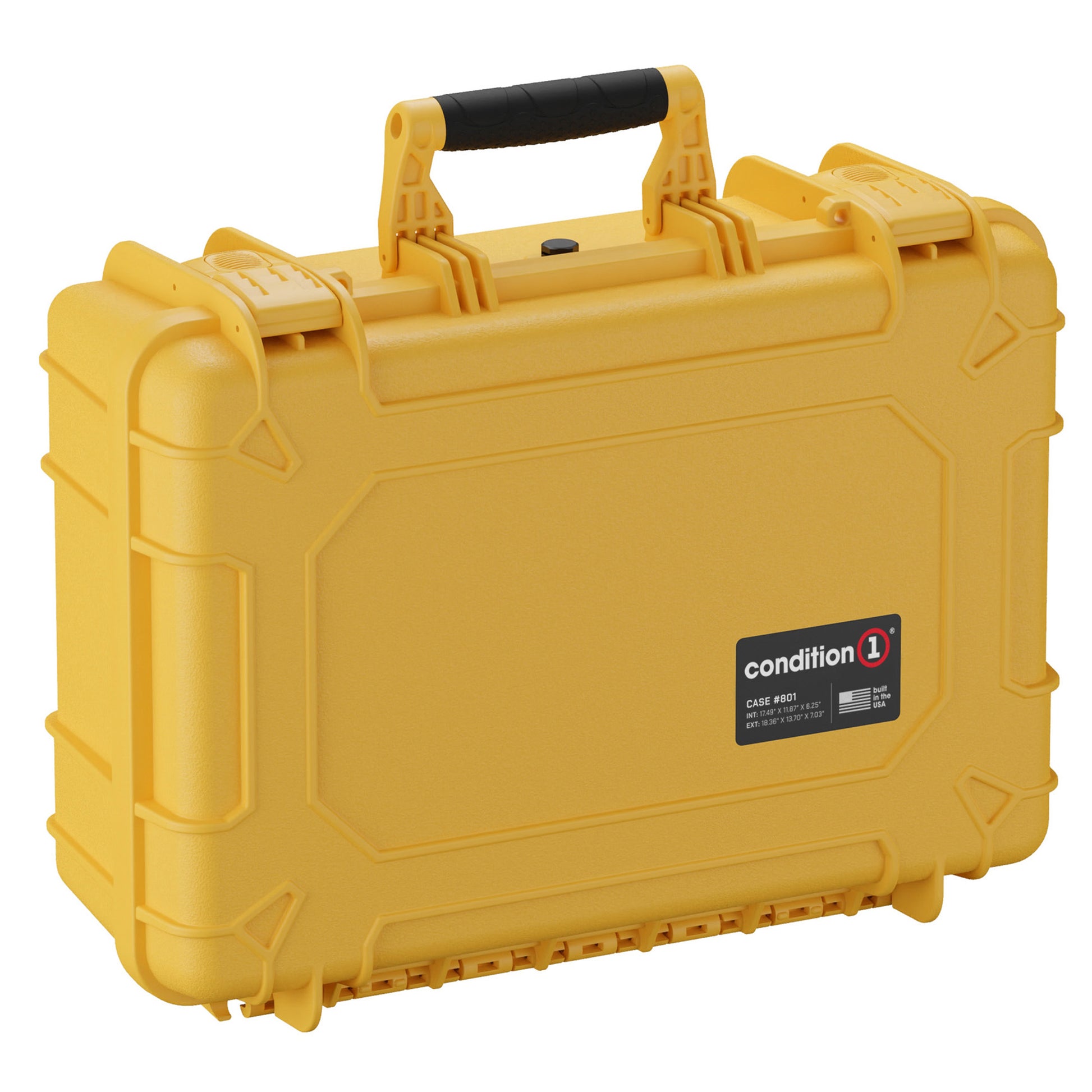 Yellow 18-inch pistol case with black handle, designed to hold up to 5 pistols, model #801, sturdy and secure.