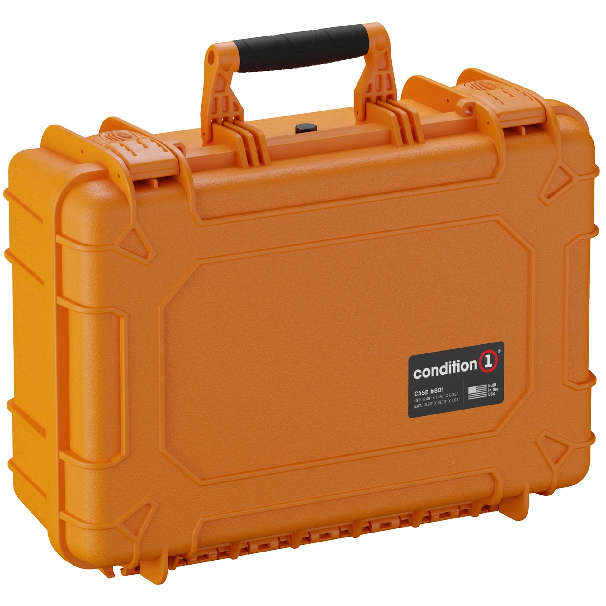 Orange hard-shell protective case, 18-inch Condition 1 Medium Case #801, featuring a black handle and secure clasps, suitable for storing and transporting delicate equipment.
