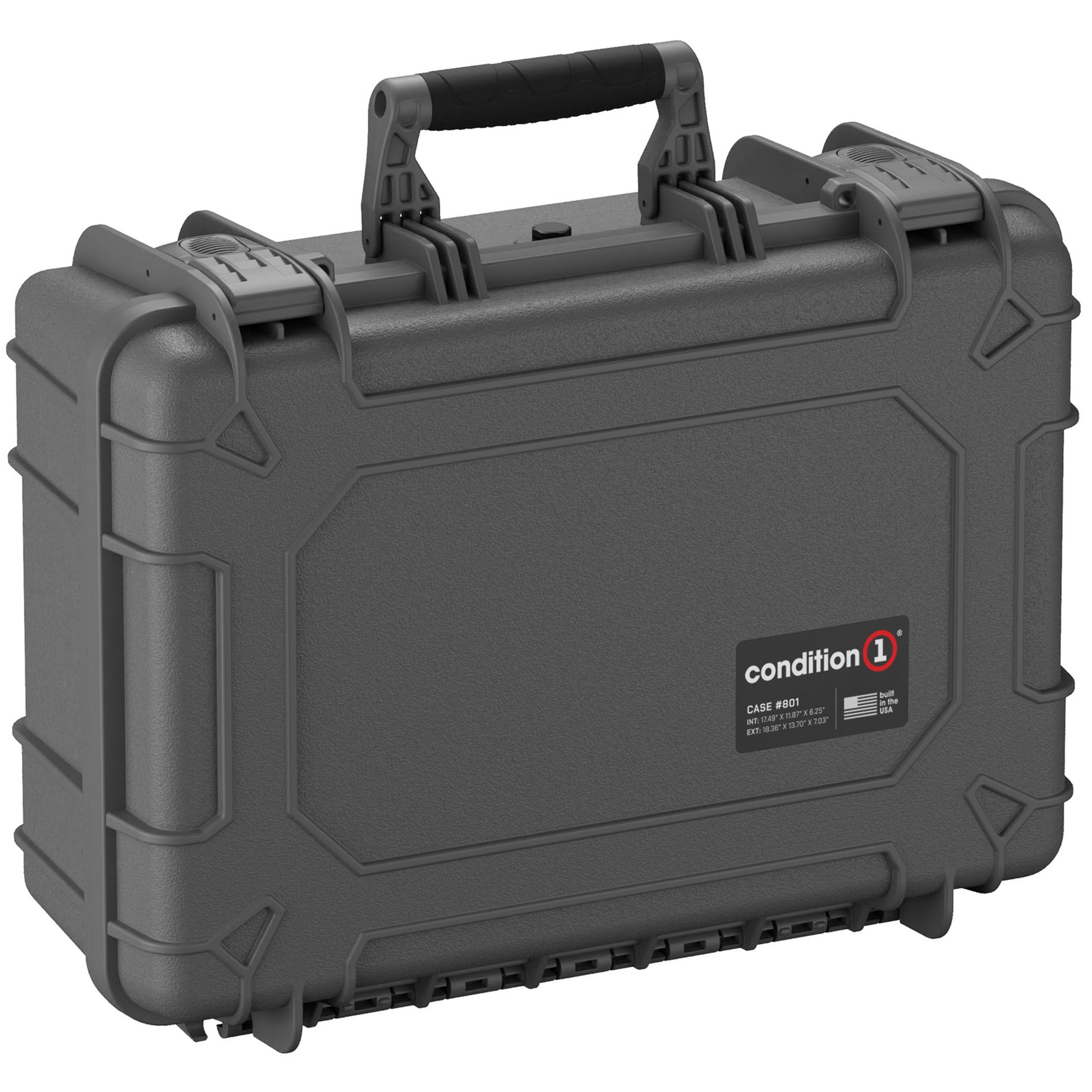 Alt text: "Condition 1 hard protective case #801 in gray, 18 inches in size with rugged exterior and reinforced handle for secure storage and transport, suitable for magazines and sensitive equipment."