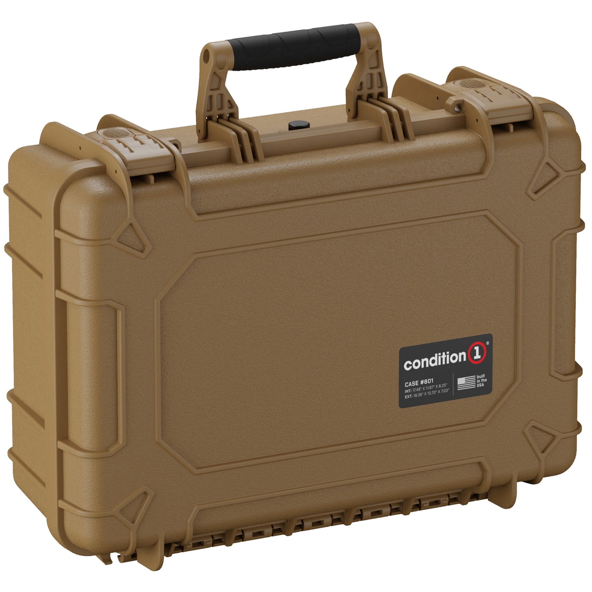 Alt text: Tan Condition 1 hard case, model #801, featuring a durable handle, secure latches, and protective outer shell, suitable for storing and transporting sensitive equipment.