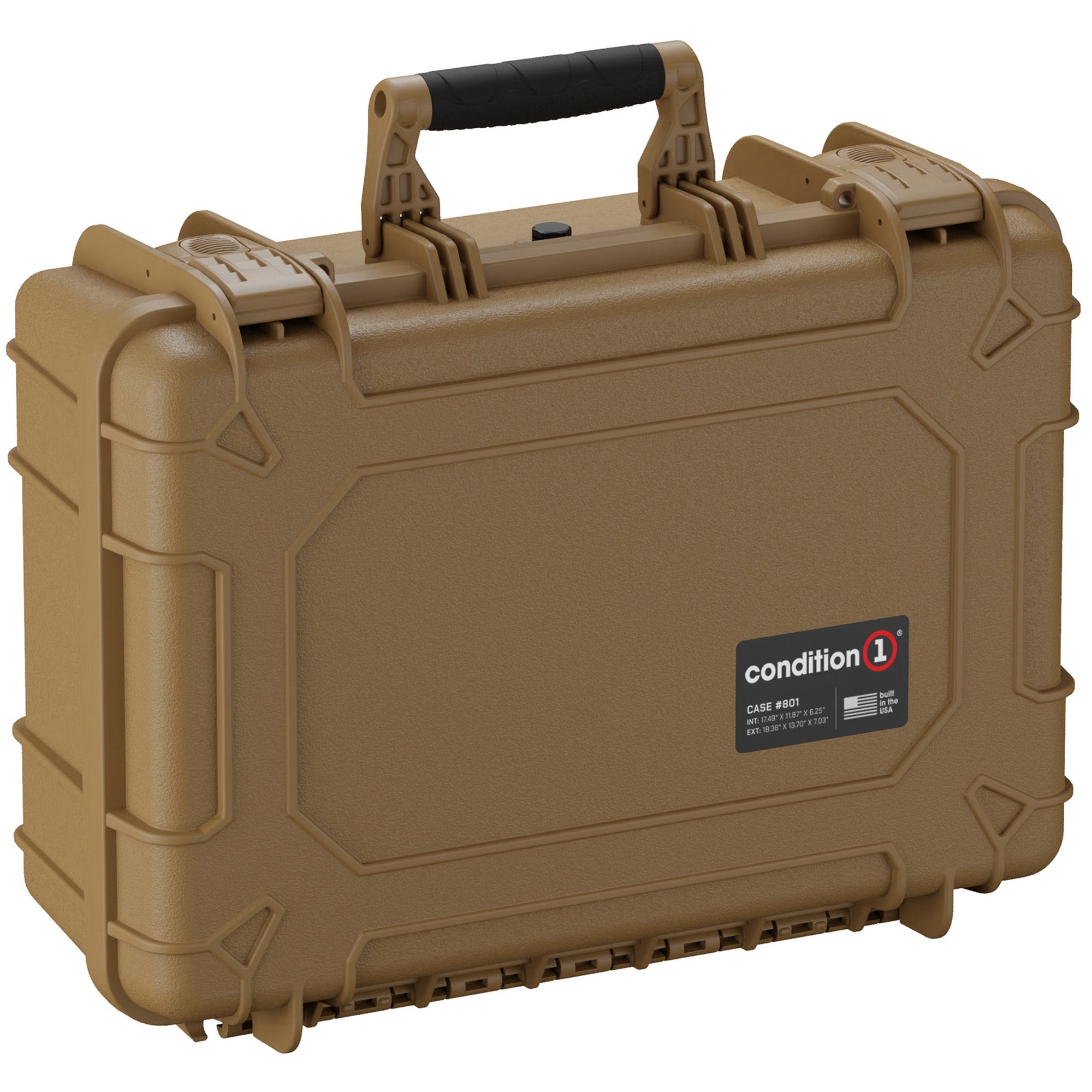 Alt text: Tan Condition 1 hard case, model #801, featuring a durable handle, secure latches, and protective outer shell, suitable for storing and transporting sensitive equipment.