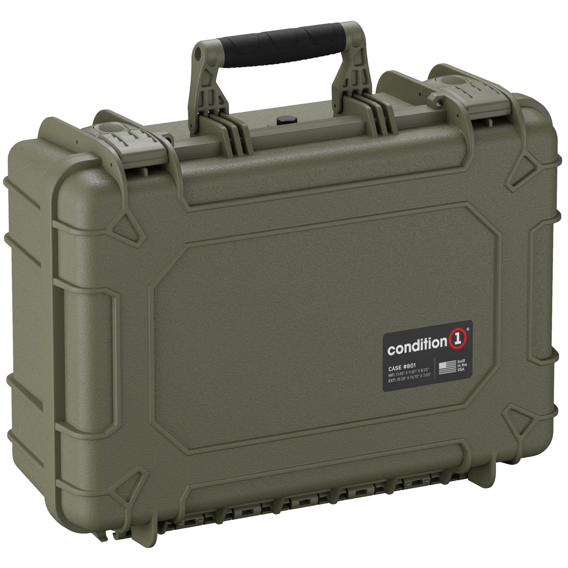 Alt text: "Olive green 18-inch medium hard case, model #801 by Condition 1, featuring a robust handle, secure latches, and reinforced edges for added protection."