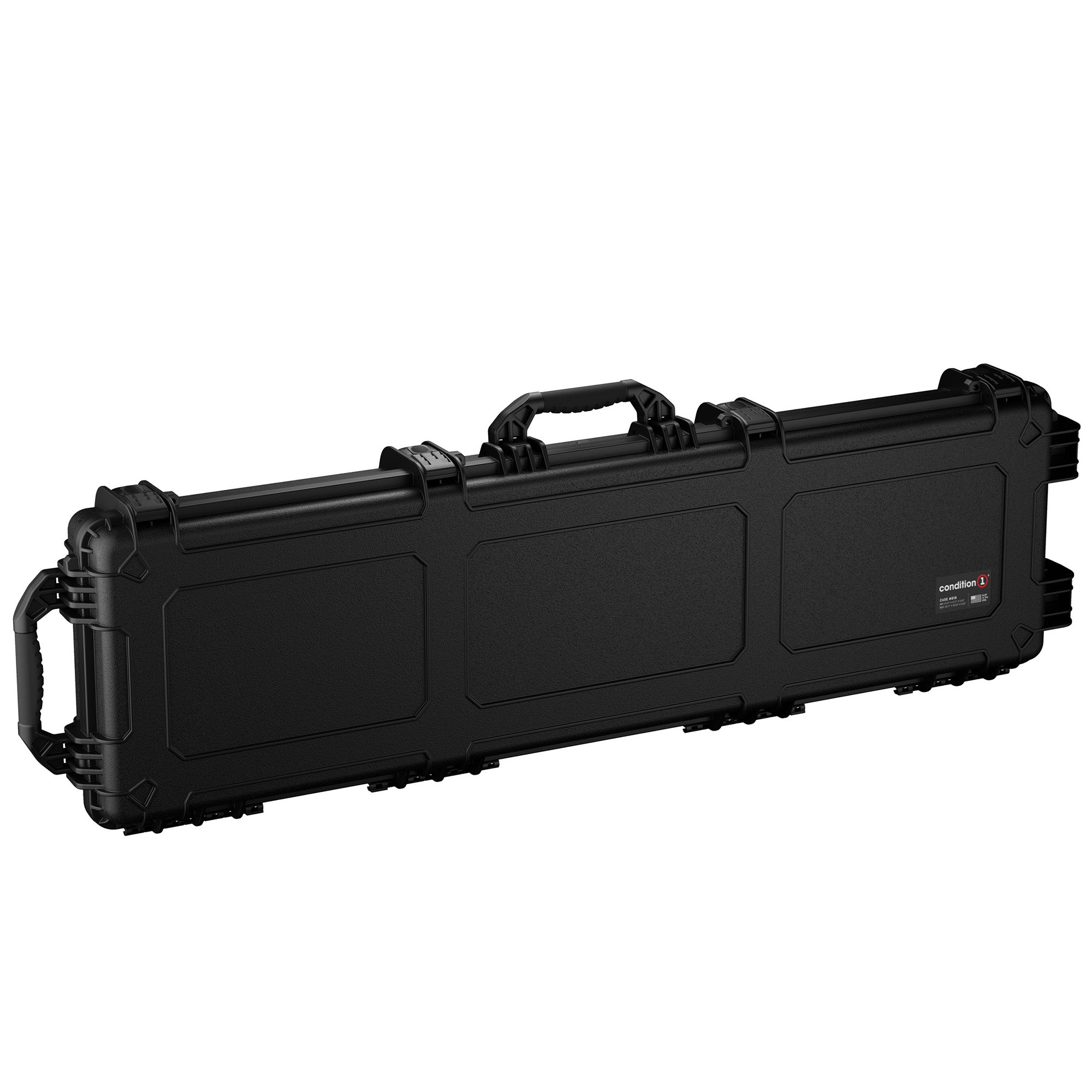 Black 55-inch hard gun case with handle and secure latches, designed for storing and transporting three firearms safely.