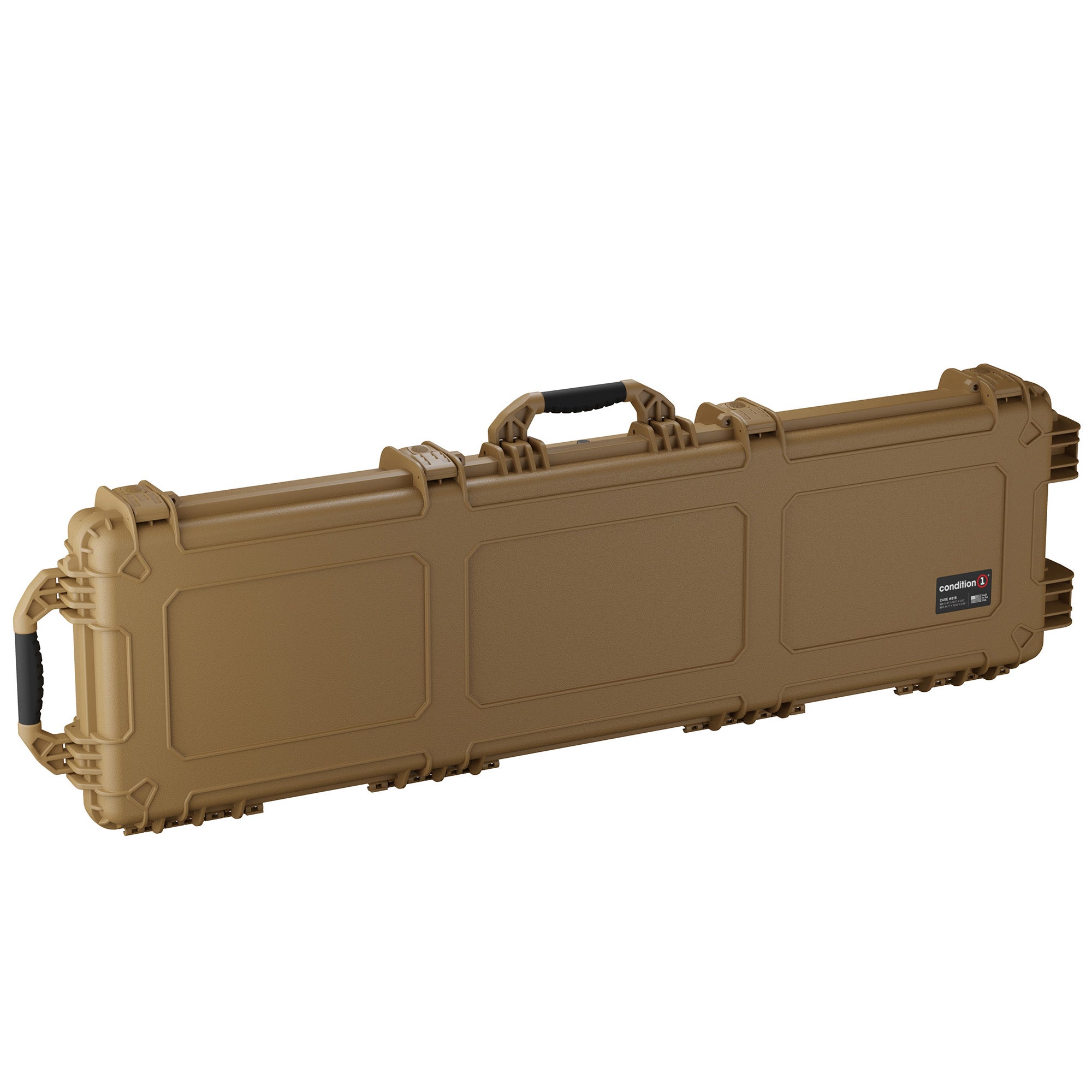 Long tan protective case measuring 55 inches, designed for secure storage and transport of equipment.
