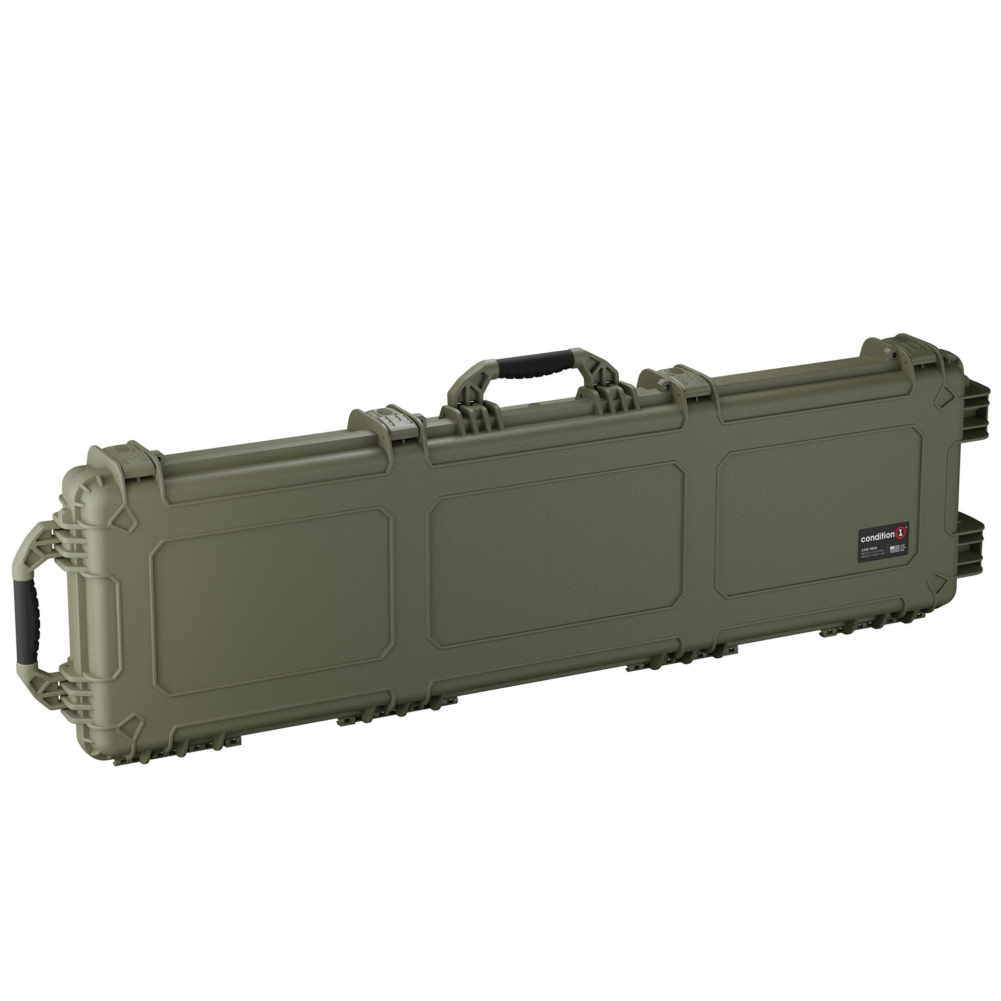 Green 55-inch long protective case with handle and secure latches, model #818, designed for equipment storage and transport.