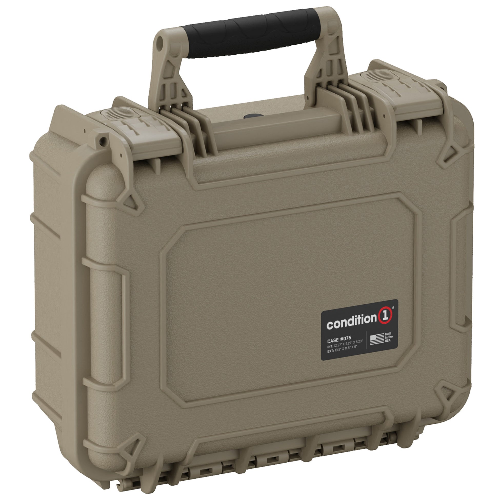 Tan 14-inch Condition 1 #075 micro gun case with durable handle and secure latches, featuring reinforced ribs for extra strength.